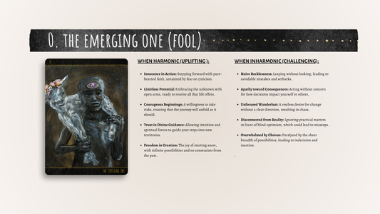 The Fool card, called The Emerging One in Dust II Onyx Tarot, with card meanings